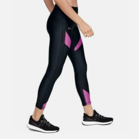 Under Armour Women's Heatgear Black/Optic Purple Color Block Ankle Crop Leggings - Picture 3 of 7